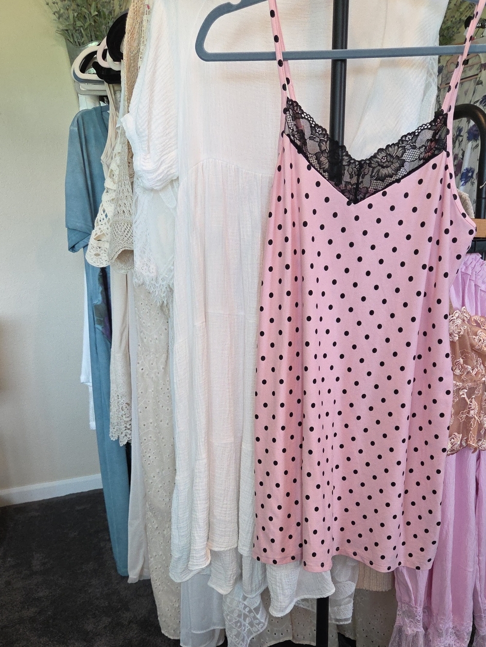 Lace-Trim Polka Dot Chemise in Pink and Black